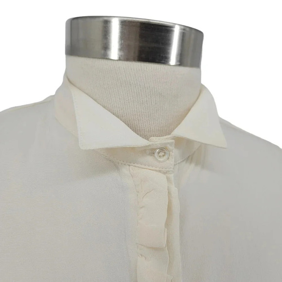 Maje Blouse Silk Ivory Ruffle Button Up Collared Long Sleeve Top Shirt - Picture 2 of 8